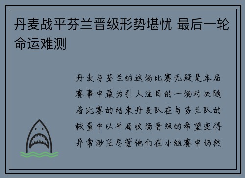丹麦战平芬兰晋级形势堪忧 最后一轮命运难测