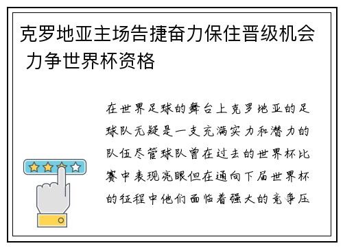 克罗地亚主场告捷奋力保住晋级机会 力争世界杯资格